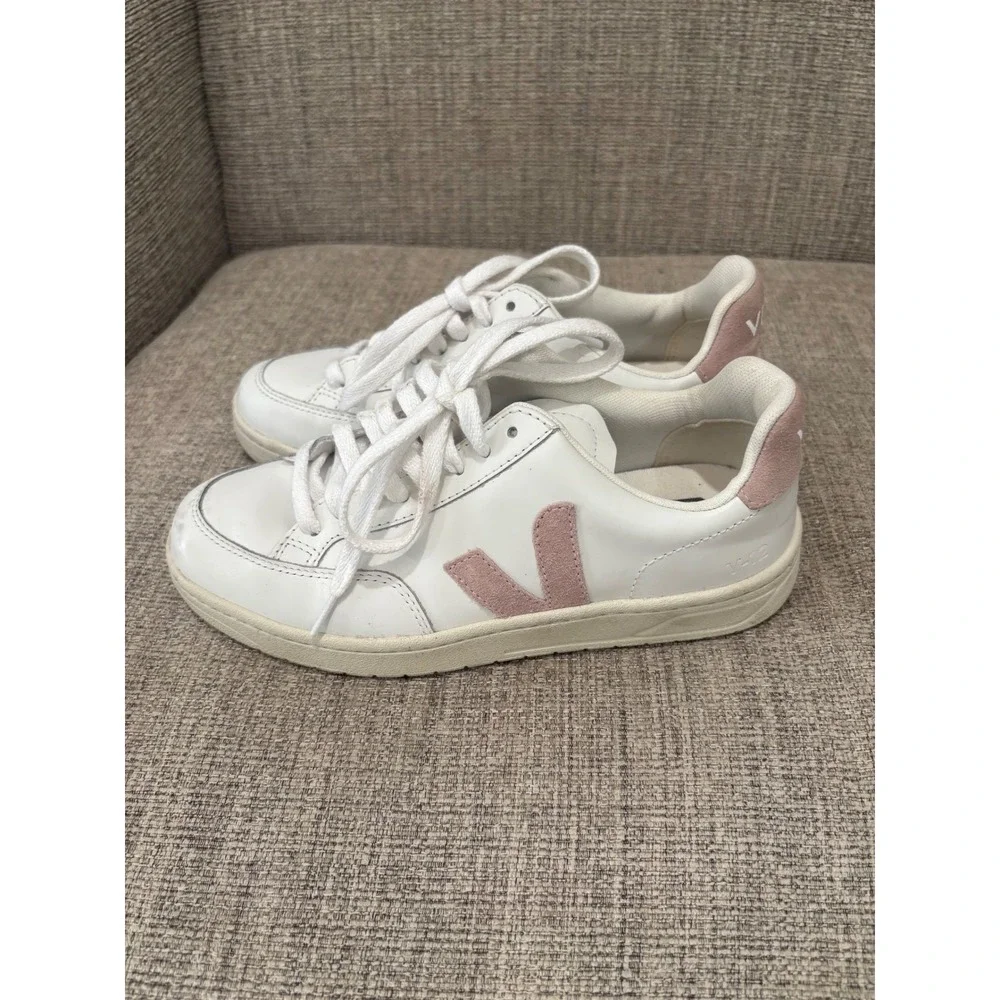Veja V-12 Leather Sneakers White Petale Pink Suede Low Top Shoes Womens Size 5